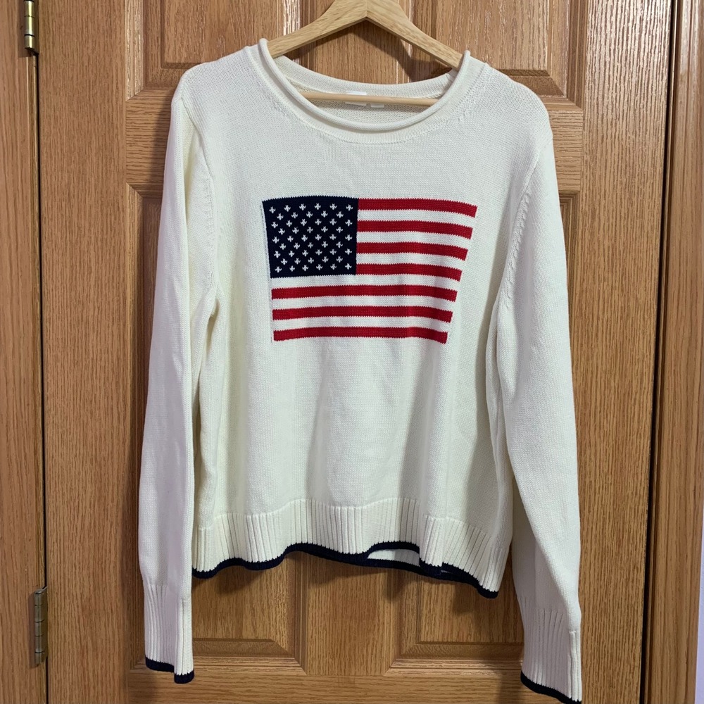 Gap Americana Sweater Women XL Ivory White American Flag Cotton Excellent
